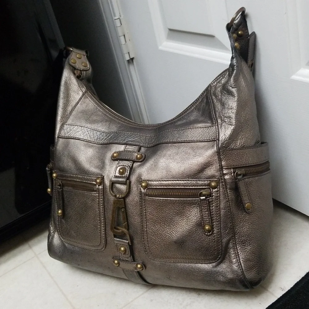 Authentic RAFE Large Leather Bag Color Btwn Metallic Bronze/Gunmetal Silver Gray